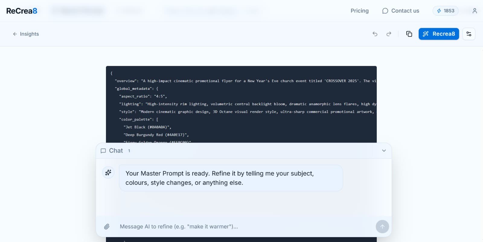 The Master Prompt JSON card view in Recrea8